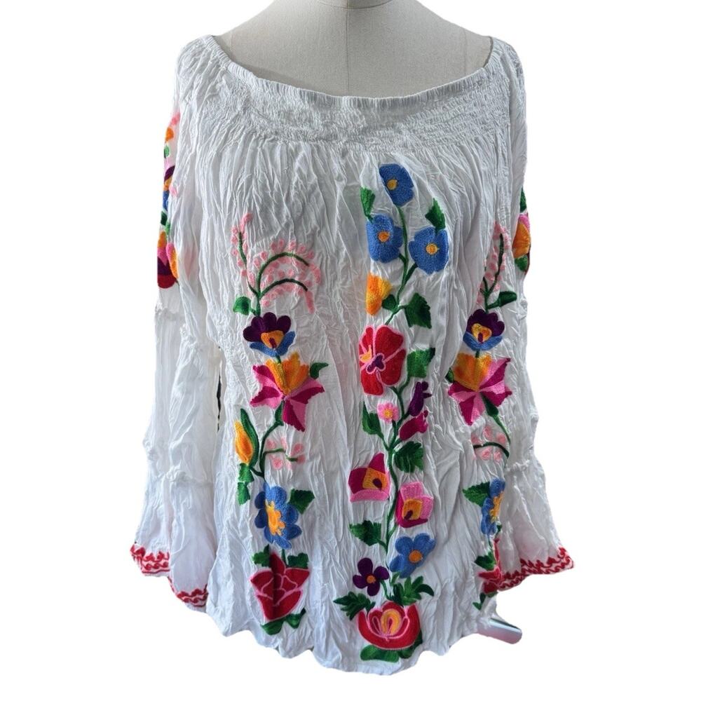 Ruby Yaya Embroidered Blouse Size XL White Floral Boho Peasant Top Colorful